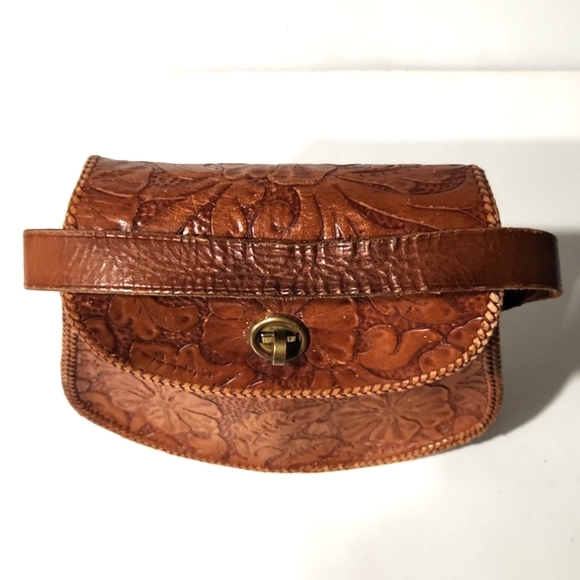 Vintage 50's Artisan Beautiful Hand Tooled Leather Handbag Purse - Picture 9 of 13